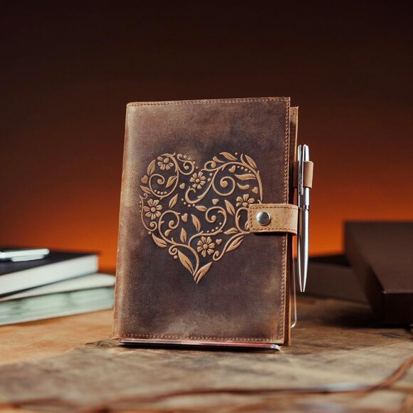 Refillable Leather Journal Embossed Heart Shape Cover Design Journals with Pen - Picture 2 of 6